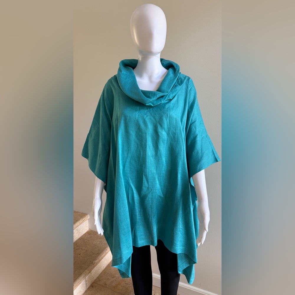 ALISTAIR TRUNG Women's Cowl Neck 100% Linen Blouse Top Tunic, Blue